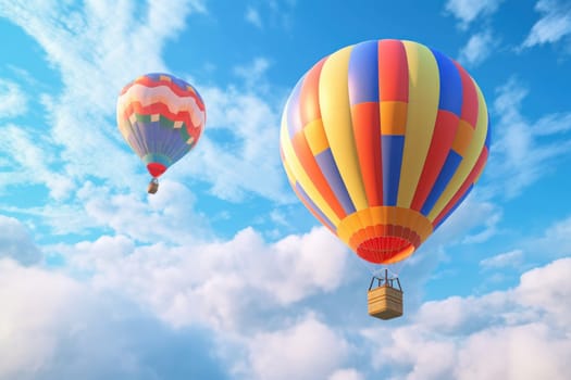Colorful balloons floating against a clear blue sky, Generative AI.