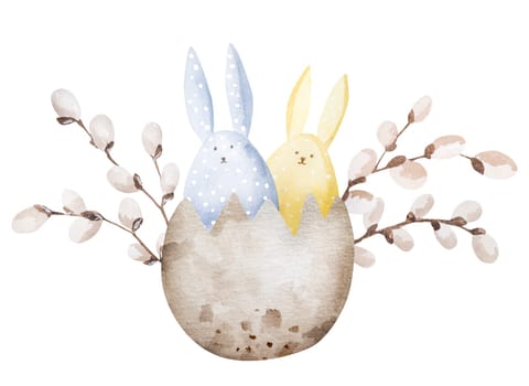 Bunny and easter willow in egg watercolor painting for chrisitian holy holiday. Spring religion celebration symol for postcard design