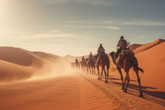Herd of camel riders crossing the great desert.