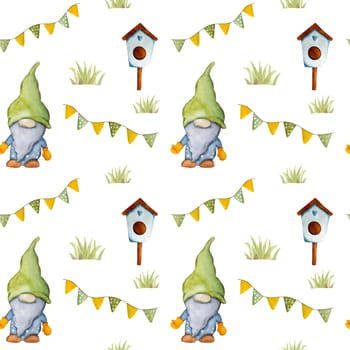 Garden dwarf with bird house in green grass watercolor cartoon painting seamless pattern. Cute gnome aquarelle drawing