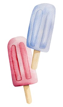 Hand-Drawn Image Of A Summer-Themed Watercolor Illustration Featuring Blue And Pink Ice Cream Clipart On A White Background