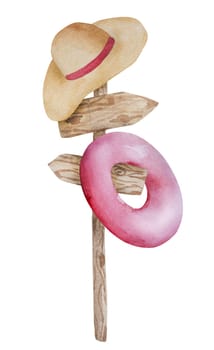 Watercolor Illustration Of A Summer-Themed Featuring A Wooden Signpost With A Hanging Hat And Swimming Ring Clipart On A White Background