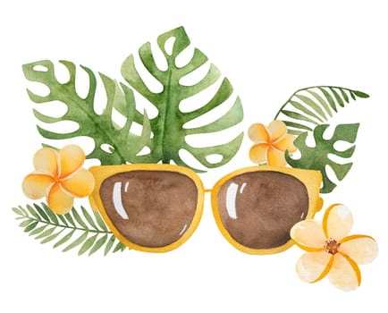 Hand-Drawn Illustration Of A Vacation Theme Featuring Sunglasses With Tropical Leaves And Flowers Clipart On A White Background