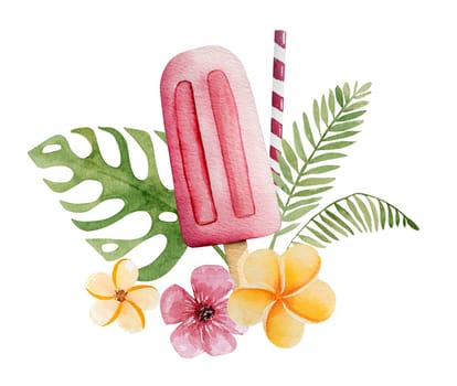 Hand-Drawn Illustration Of Pink Ice Cream On A Stick With Tropical Flowers And Leaves, A Summer-Themed Watercolor Clipart On A White Background