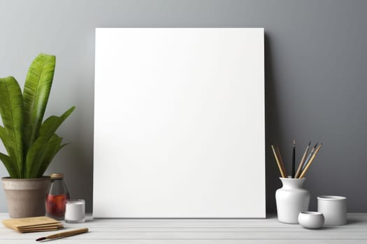 A white sheet of paper on a table with art supplies, top view, Generative AI.