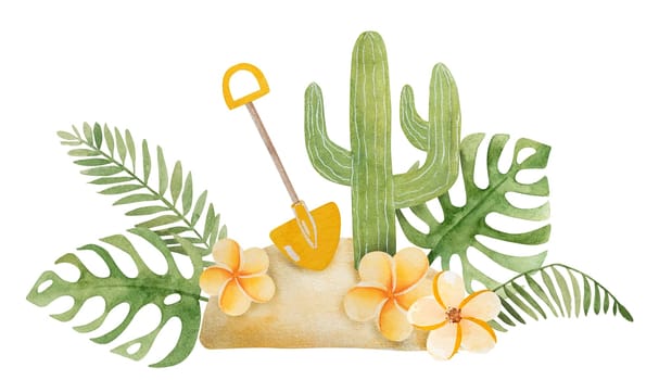 Hand-Drawn Illustration Of A Summer Scene With Sand, A Shovel, A Cactus, And Tropical Flowers And Leaves Clipart On A White Background