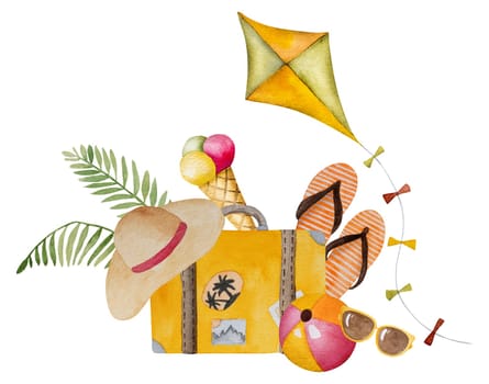 Hand-Drawn Illustration Of Suitcase, Beach Slippers, Sunglasses, Ball, And Hat For Vacation Clipart On White Background