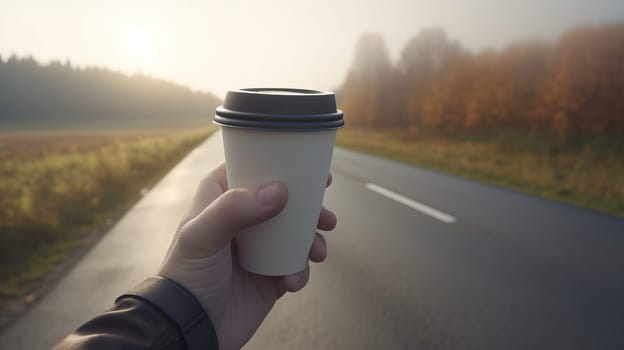 hand with a white paper coffee cup on the background of a road , at mornings autumn.