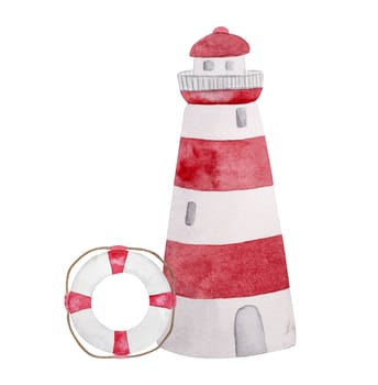 Hand-Painted Watercolor Of A Lighthouse And Lifebuoy Makes For Perfect Summer Clipart