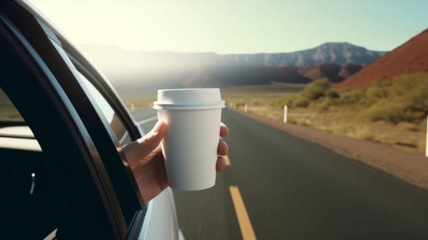 An outstretched hand with a white paper coffee cup stretched out of the window of a car driving in nature.