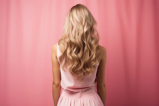 Rear view of a slender blonde woman in a pink dress against a pink wall.