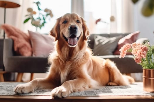 Modern living room interior Cute Golden Labrador Retriever near couch Generative AI.