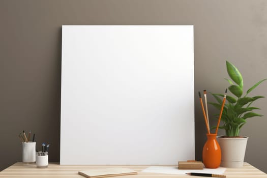 A white sheet of paper on a table with art supplies, top view, Generative AI.