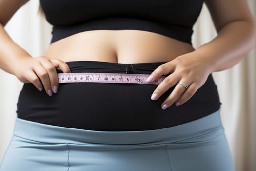 A plump woman measures her waist. The concept of fighting excess weight.