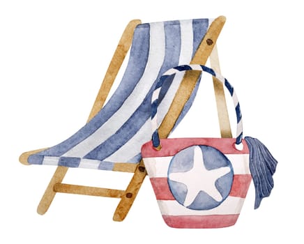 Hand-Drawn Watercolor Illustration Features Beach Bag And Beach Lounge Chair Summer Clipart