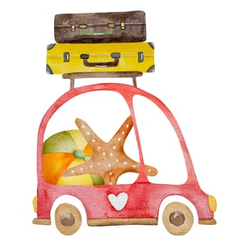 Hand-Drawn Watercolor Illustration Features Car Going On Vacation With Suitcases On Roof, Perfect For Summer Clipart