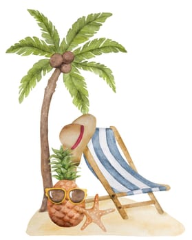 Hand-Painted Watercolor Of A Palm Tree, Cocktail, And Beach Chair-Lounger Makes Perfect Summer Clipart