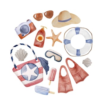 Hand-Painted Watercolor Set Of Circular Images Includes Beach Bag, Flippers, Camera, Cocktail, And Other Summer Clipart