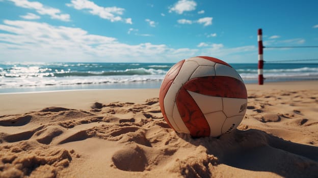 A white-brown volleyball lies on a sandy beach with waves and beachgoers in the blurred background, under a blue sky.