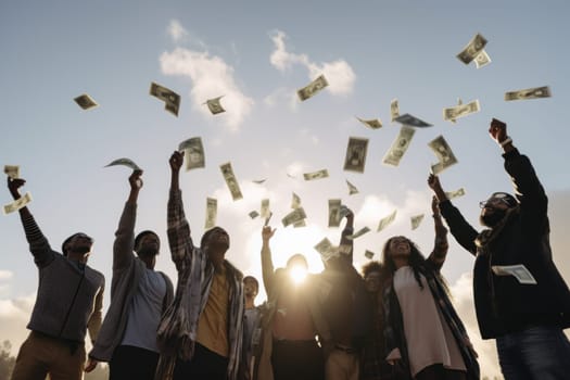 Excited group of people grabbing dollars in the air.