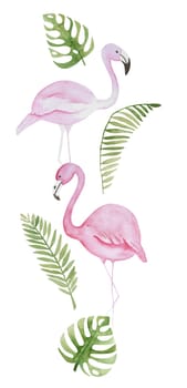 Hand-Painted Watercolor Composition Of Flamingos And Tropical Leaves Makes Perfect Summer Clipart