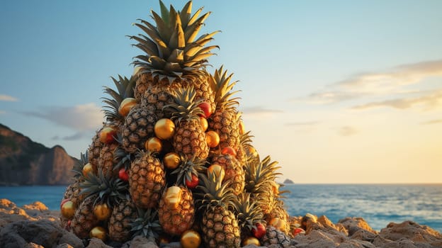 Pyramid of pineapples with golden balls standing on the sand on the beach at sunset. Tropical Christmas concept on the beach