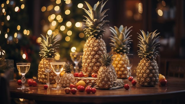 Beautiful golden pineapples and glasses of champagne, stand on plates on the table, warm evening bokeh light.