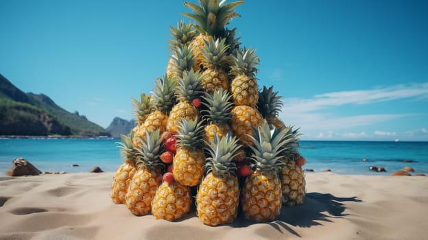 Pyramid of pineapples standing on the sand on the beach.