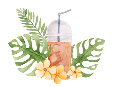 Hand-Painted Watercolor Of A Summer Cocktail With Ice And Tropical Leaves Is A Perfect Summer Clipart