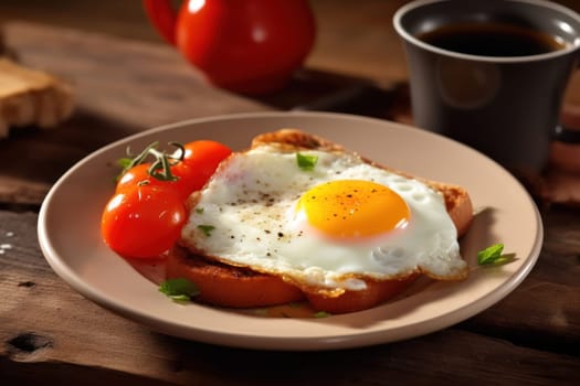 Breakfast with delicious fried eggs garnished with sliced tomato Generative AI.