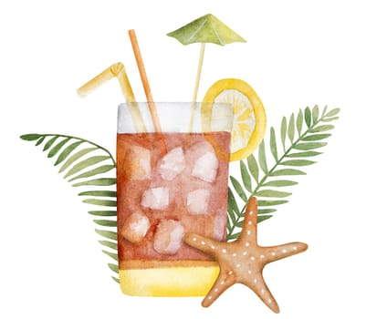 Hand-Painted Watercolor Of A Summer Cocktail With Ice And Tropical Leaves Is A Perfect Summer Clipart