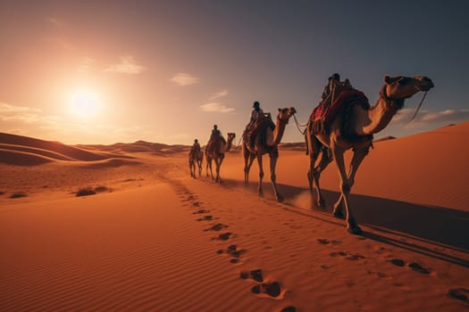 Herd of camel riders crossing the great desert.