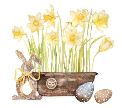 Watercolor Illustration Features Yellow Daffodils In A Pot, Easter Eggs And A Wooden Easter Bunny Decor
