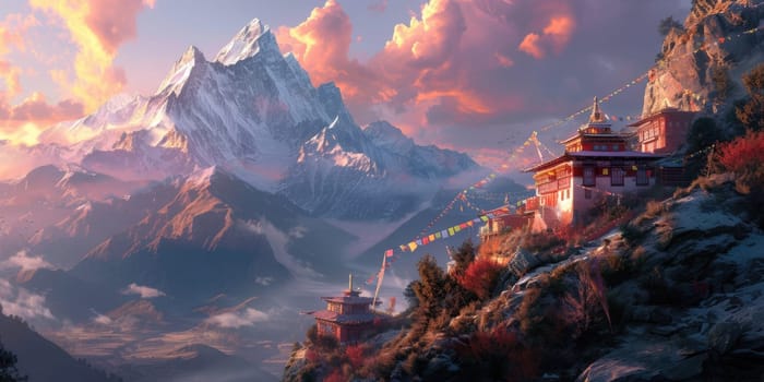 A serene temple adorned with colorful prayer flags stands against the backdrop of majestic snowy mountains illuminated by the sunrise. Resplendent.