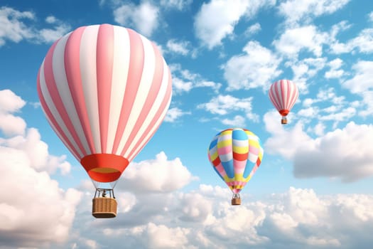 Colorful balloons floating against a clear blue sky, Generative AI.