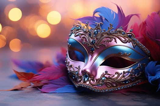 Carnival mask with bright feathers and abstract defocused bokeh lights. The concept of masquerade, carnival.