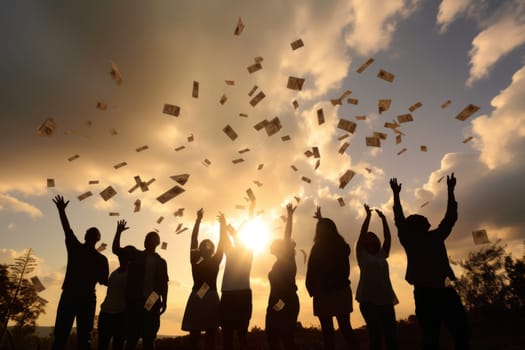 Excited group of people grabbing dollars in the air.