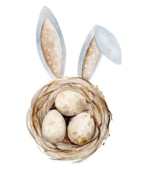 Hand-Painted Watercolor Image Shows Easter Bunny Ears Peeking Out From A Nest With Eggs