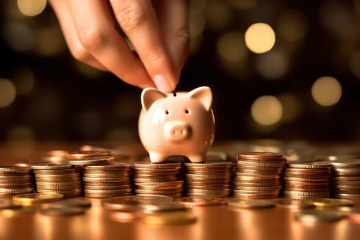 Piggy bank with falling coins. Savings and investment. Generative Ai.