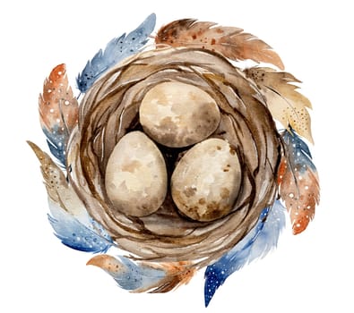 Hand-Painted Watercolor Depicts Nest With Eggs And Beautiful Feathers