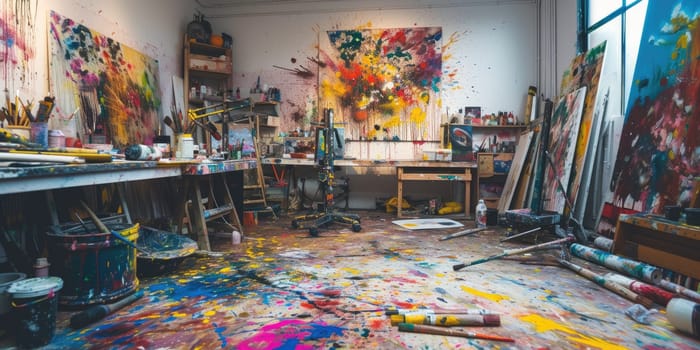 An artist's studio in full creative chaos, paint splattered everywhere, canvases in various stages of completion, vibrant colors clashing and blending. Resplendent.