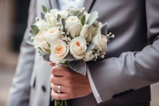 A close up of a bride's or groom's hands holding a bouquet.