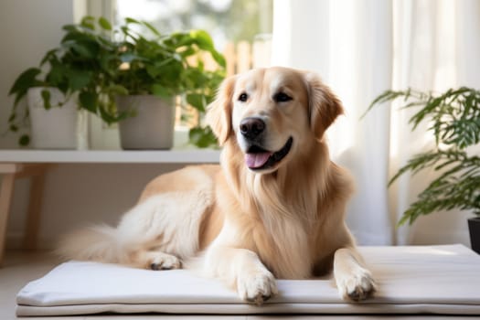 Modern living room interior Cute Golden Labrador Retriever near couch Generative AI.