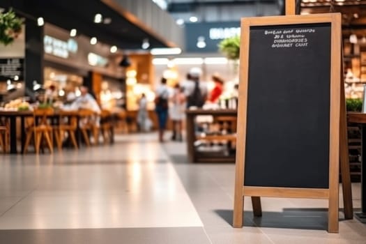 Advertising blank Blackboard, Blank restaurant shop sign or menu boards in shopping mall center, Blackboard sign mockup in front of a restaurant Signboard, Generative AI.