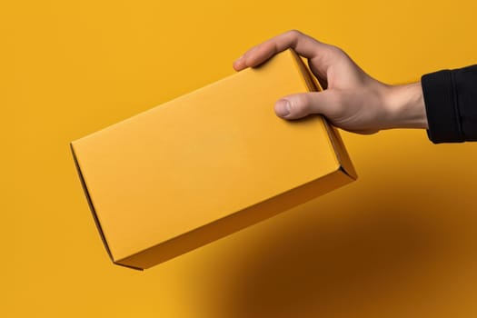 a hand holding a mailing box mockup delivery service concept photo.