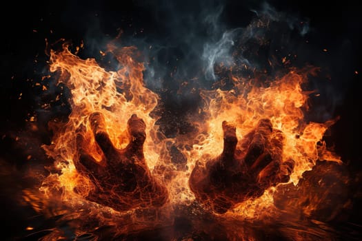 Man's hands in the flames of fire.