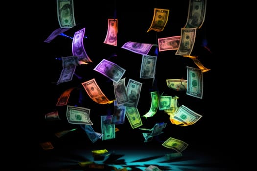 dollar bills falling with Neon colorful background.