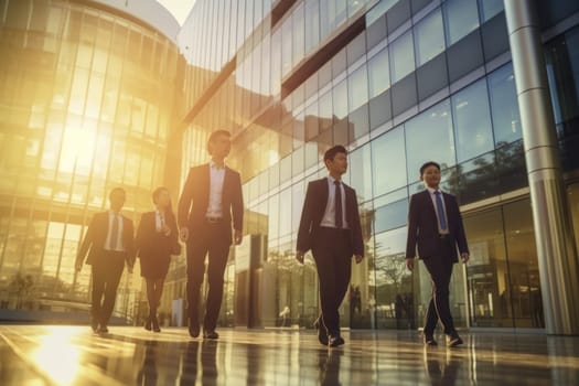 Group of business people walking outside in front of office building with blurred background.