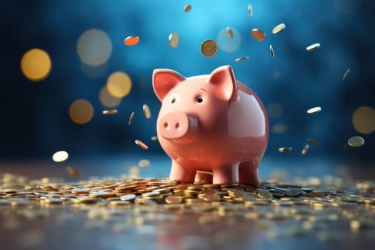 Piggy bank with falling coins. Savings and investment. Generative Ai.