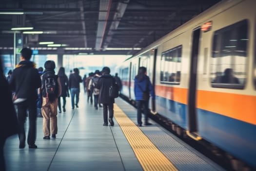 Blurred People Getting Into Subway Train During Rush Hour, Train in subway station during rush hour, Generative Ai.